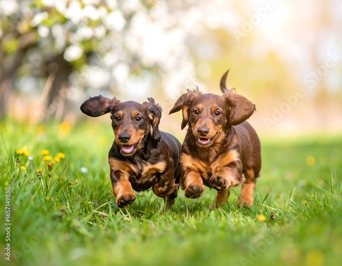 Two dachshund puppies running in a garden