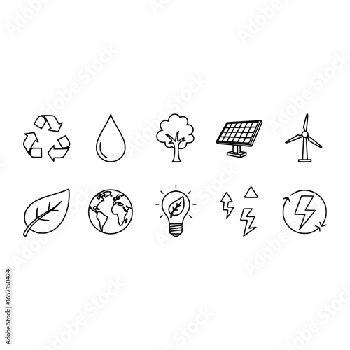 Eco friendly energy renewable resources recycling sustainable environment earth solar power wind turbine icons set