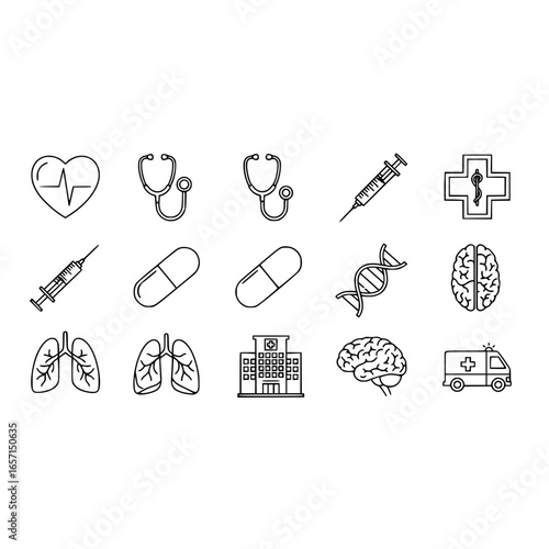 Medical healthcare icons vector illustration heart stethoscope syringe dna brain lungs hospital ambulance pill