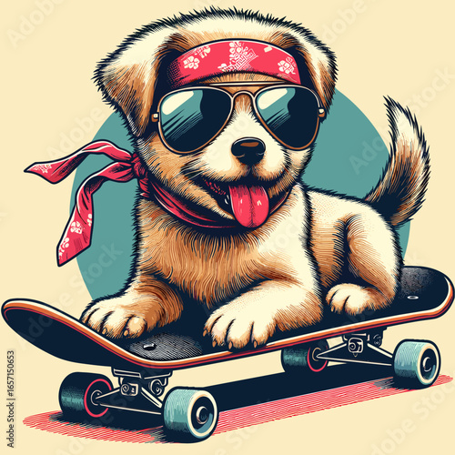 Dog skateboard sunglasses bandana cute puppy pet animal skateboarding cool skater adorable fun ride canine 100 char