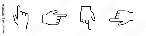 Collection of hand pointer outlines showing different directions in a row on white