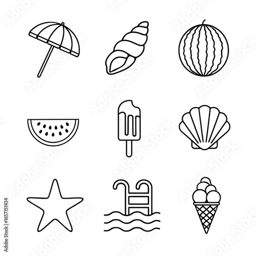 Assorted summer themed icons representing leisure and relaxation at the beach