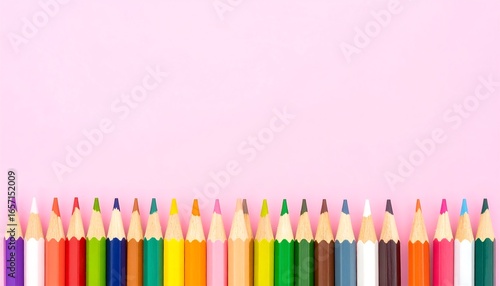 Row of colored pencils on pink background