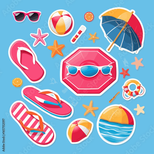 Summer beach vacation themed sticker set with sunglasses, flip flops, beach ball and umbrella.