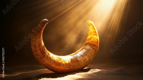 A curved textured horn lit by strong light beams against a dark background