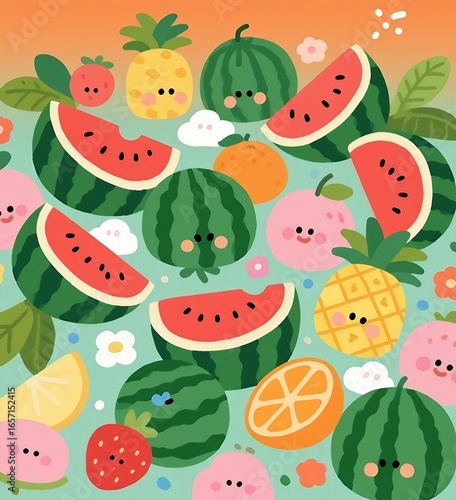 Cute Watermelon and Fruit Characters with Kawaii Faces