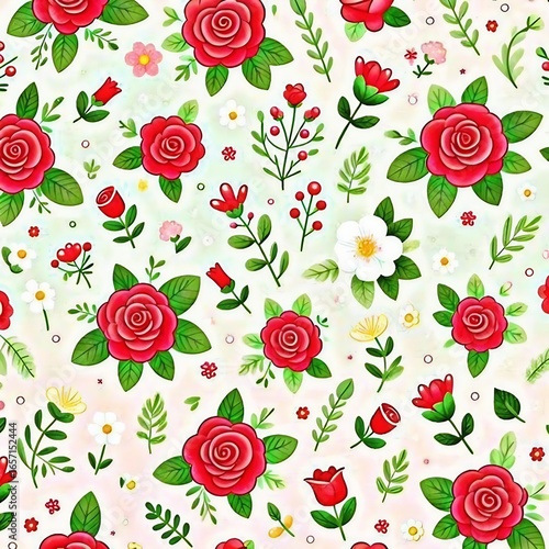 Bright Red Roses with Greenery in a Floral Pattern