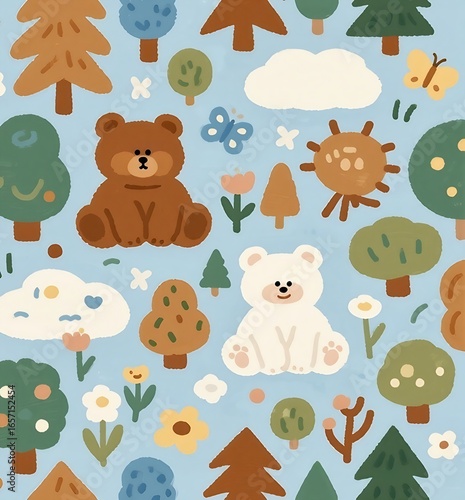 Playful Bear and Nature Pattern with Trees and Clouds
