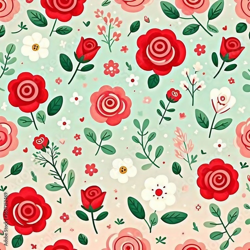 Colorful Floral Pattern with Red Roses and Green Leaves
