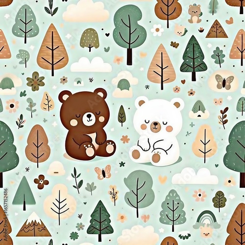 Cartoon Bears and Trees with Mountains Pattern