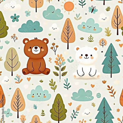 Cute Bear and Trees Pattern with Soft Colors