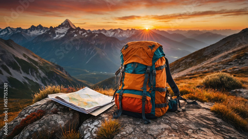 A large orange backpack sits on a rock in the mountains