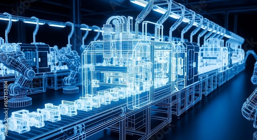 Futuristic automated factory assembly line with robotic arms in a digital wireframe