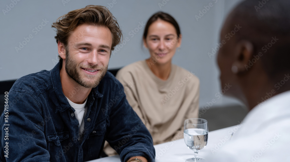 Obraz premium In a bright environment, three colleagues engage in a casual meeting, smiling and sharing thoughts over a glass of water, representing camaraderie and professional companionship.