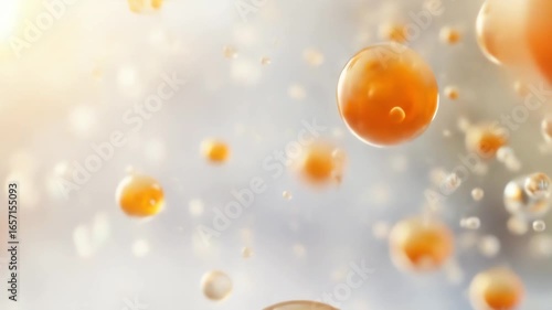 Abstract closeup of amber liquid droplets suspended in water