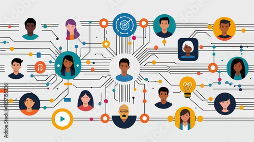social network with circuit networking system that connects various stylized icons and buttons representing market trends, relationships, and teamwork