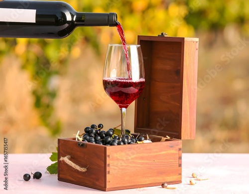 Wine pouring into glass on wooden box