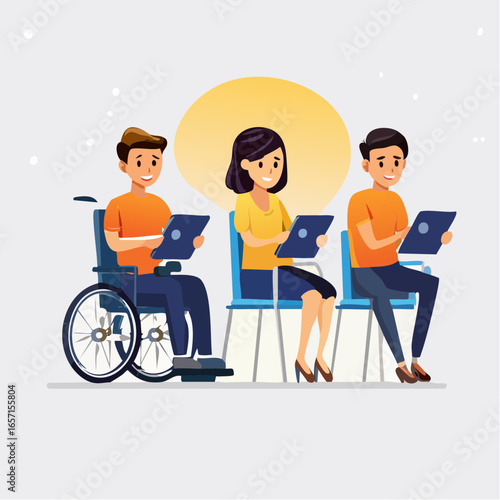 Inclusive education vector with students of all abilities taking digital exams. Represents accessible and modern assessment methods.