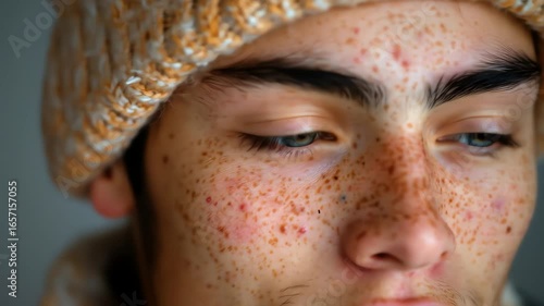 Closeup of a persons face with freckles and blue eyes wearing a hat