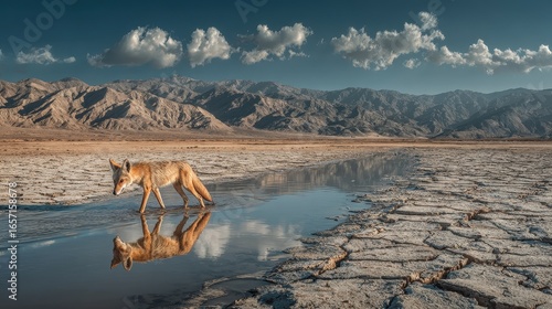Coyote stands on parched earth near small pool of water in Death Valley National Park