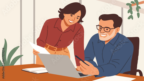 ector illustration of two colleagues working together in a modern office