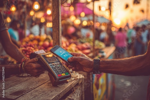Mobile payment via smartphone at a bustling market with warm, soft lighting.