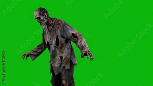 Walking undead creature with torn clothes against a bright green screen for easy editing use. Halloween theme