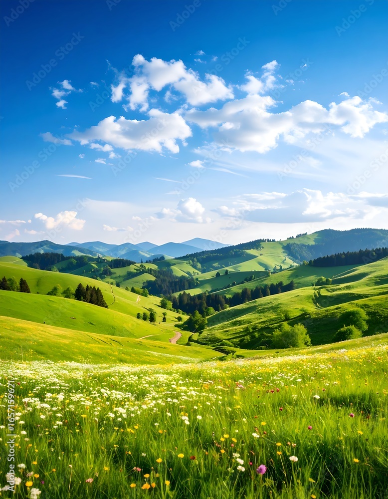 Fototapeta premium Lush green hills under a vibrant sky