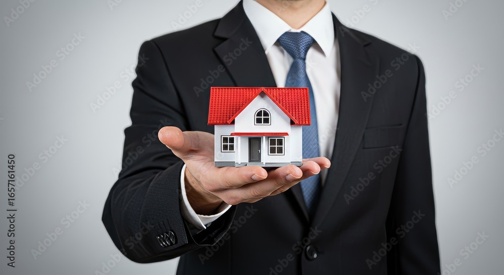 Real Estate Agent Offering Dream Home - Close-up of a businessmans hand presenting a miniature house model, symbolizing property investment and homeownership. Real Estate Agent Offering Dream Home - Close-up of a businessmans hand presenting a miniature house model, symbolizing property investment and homeownership.