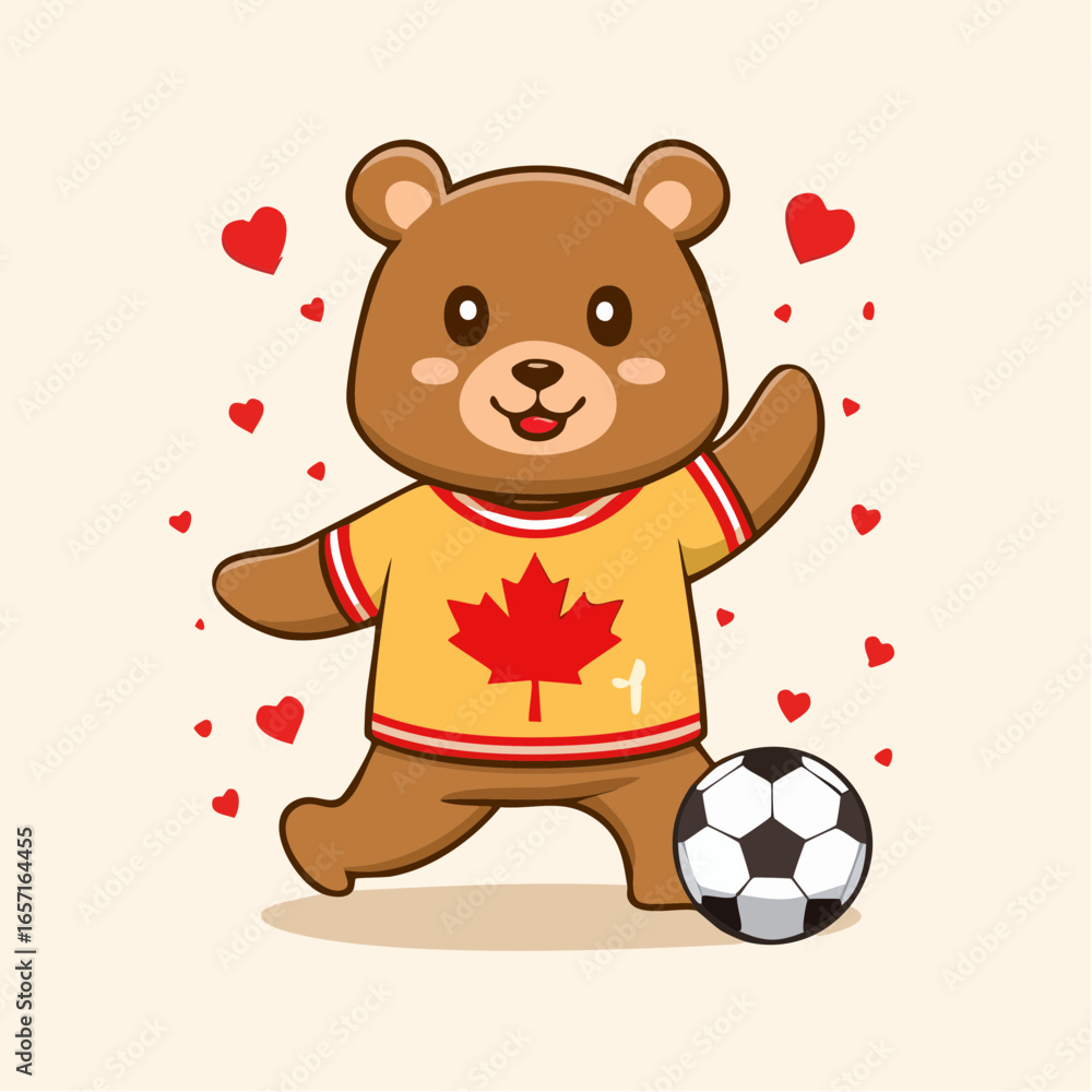 Obraz premium Vector of a playful bear mascot with maple leaf shirt kicking a ball