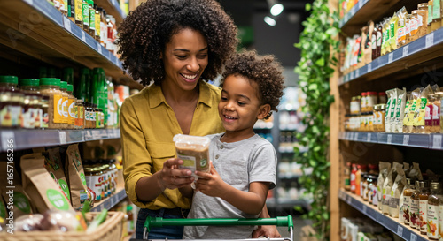 A mother and child shop for groceries in the supermarket aisle