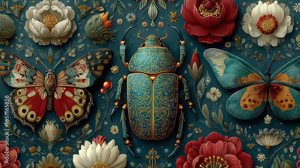 custom made wallpaper toronto digitalDetailed arrangement of beetles, butterflies, and flowers on a teal background