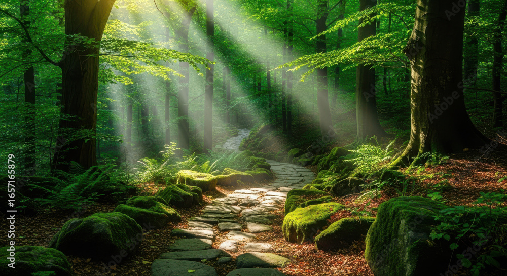 Fototapeta premium Sunlit Stone Path Through Vibrant Green Forest