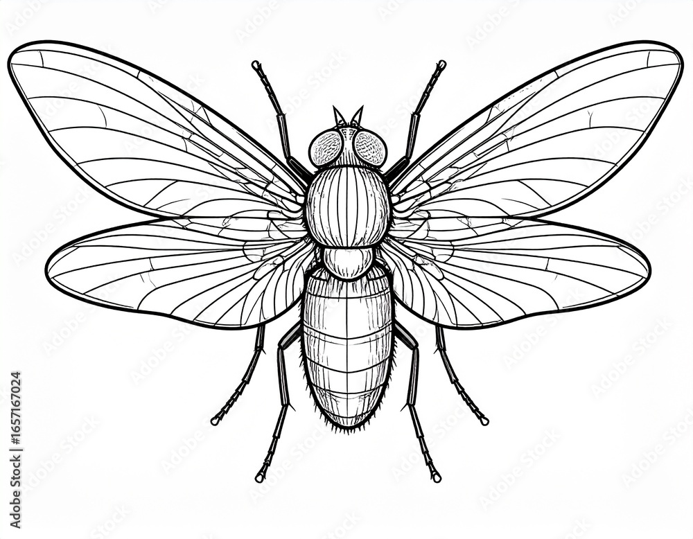Obraz premium Detailed black and white line illustration of a fly insect with open wings, entomology style scientific drawing, isolated on white background