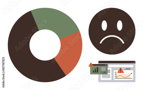 Pie chart with declining trend, sad face icon, web analytics with warning signs. Ideal for data analysis, failure, decline, risk, troubleshooting monitoring caution. Clean flat metaphor