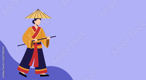 A person in traditional Asian attire, wearing a conical hat and holding a staff, walks on a minimalist background. Represents travel, culture, and traditional journeys.