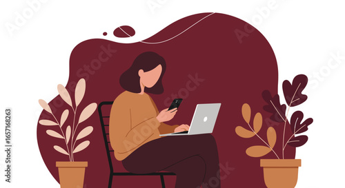 Professional woman uses laptop and smartphone for remote work or online activities, embodying modern digital communication and flexible lifestyle.