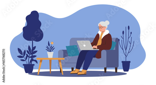 Gray-haired woman engaged with laptop on sofa, depicting remote work, online learning, or digital leisure for seniors in a cozy home environment.