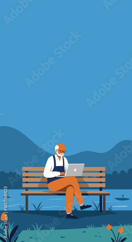 Elderly man happily uses a laptop on a park bench by a calm lake, embodying modern senior living, digital literacy, and leisure in retirement.