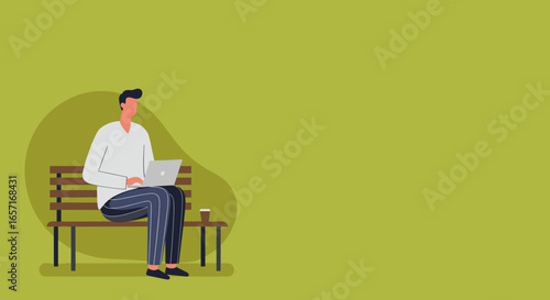 Man working remotely on laptop outdoors, enjoying flexible modern work lifestyle. Ideal for business, technology, and freelance concepts.