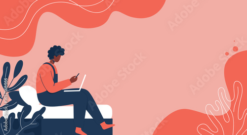 Person working remotely with laptop and phone, embodying modern flexible work or digital communication. Ideal for lifestyle, business, and technology themes.