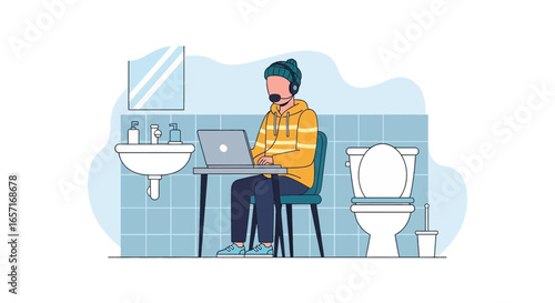 Person working remotely from a small bathroom using a laptop and headset, illustrating the realities and challenges of a work-from-home lifestyle.