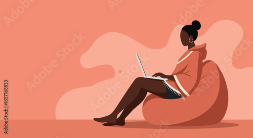 Woman comfortably using a laptop on a beanbag chair, illustrating remote work, flexible learning, and modern digital lifestyle.