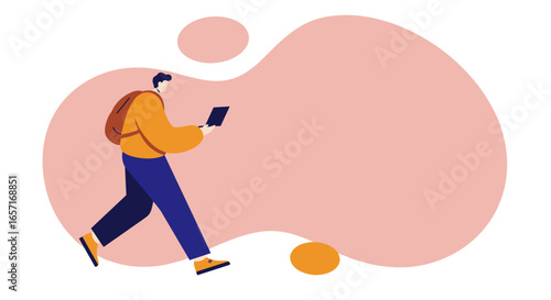 Man with backpack walks and works on laptop, symbolizing mobile connectivity, remote work, education, or digital lifestyle against an abstract background.