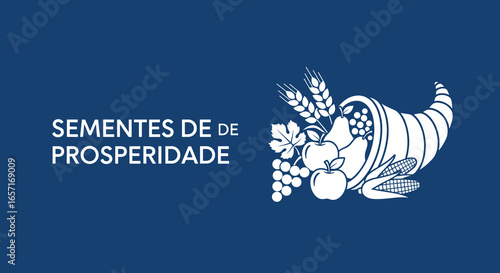 SEMENTES DE DE PROSPERIDADE. Cornucópia da abundância com frutas e cereais. Símbolo de colheita, fartura e riqueza.