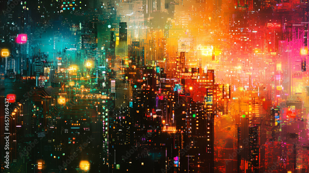 Fototapeta premium An abstract cityscape glows with vibrant colors and intricate details, resembling a futuristic metropolis brimming with technological advancements and artistic expression.