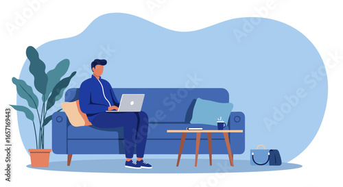 Person comfortably working from home on a laptop, sitting on a sofa. Ideal for remote work, online learning, or digital lifestyle concepts.