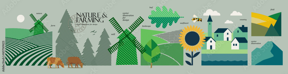 custom made wallpaper toronto digitalFarming and nature. Vector illustration of farm with windmills, cows, fields, sunflower, coniferous forest, leaf, hill and village houses for agriculture poster, rural landscape