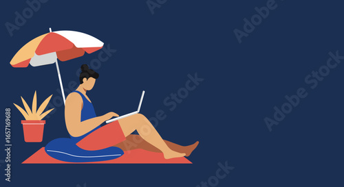 Person working remotely on a laptop under a beach umbrella, symbolizing flexible work, digital nomad lifestyle, and summer productivity.