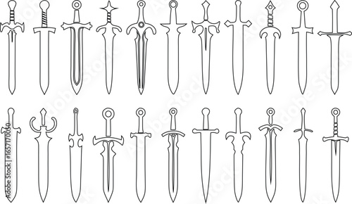 Outline sword graphic vector set, perfect for weapon illustrations, martial arts posters, and knight emblems.